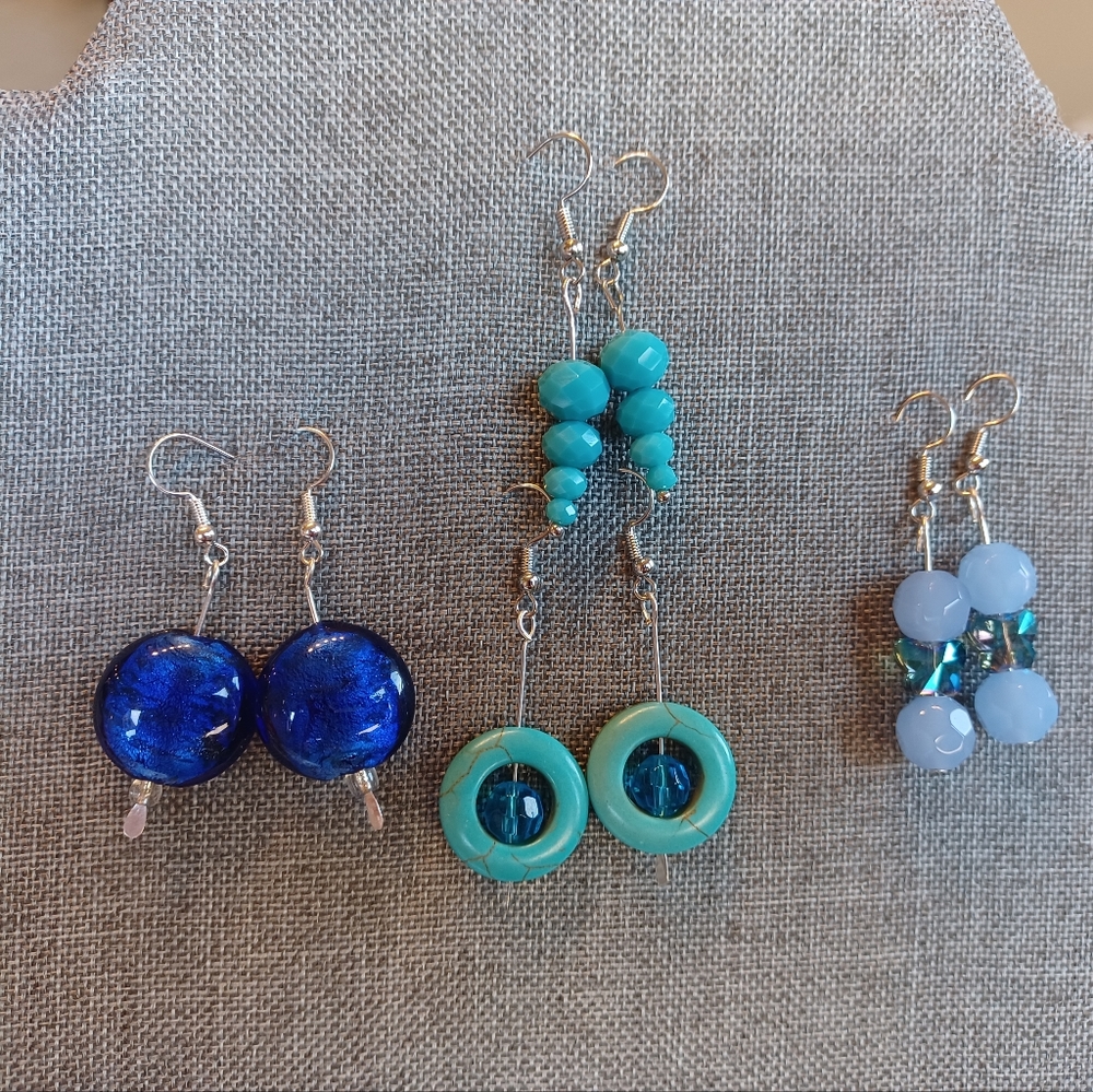4 pairs blue/teal handmade earrings - perfect for summer!